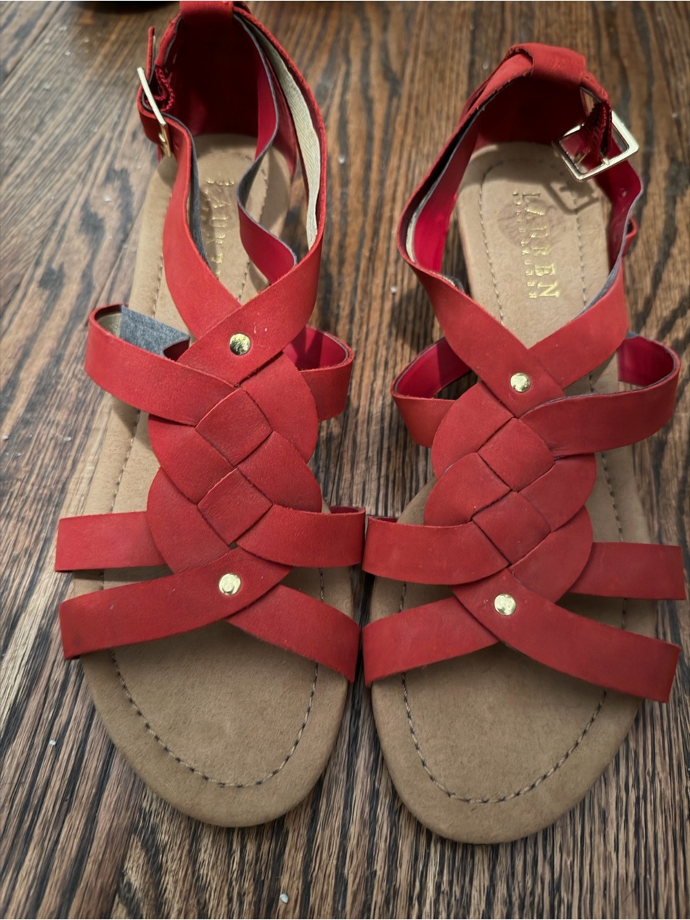 Lauren Ralph Leather Red Braided Ankle-Strap Sandals